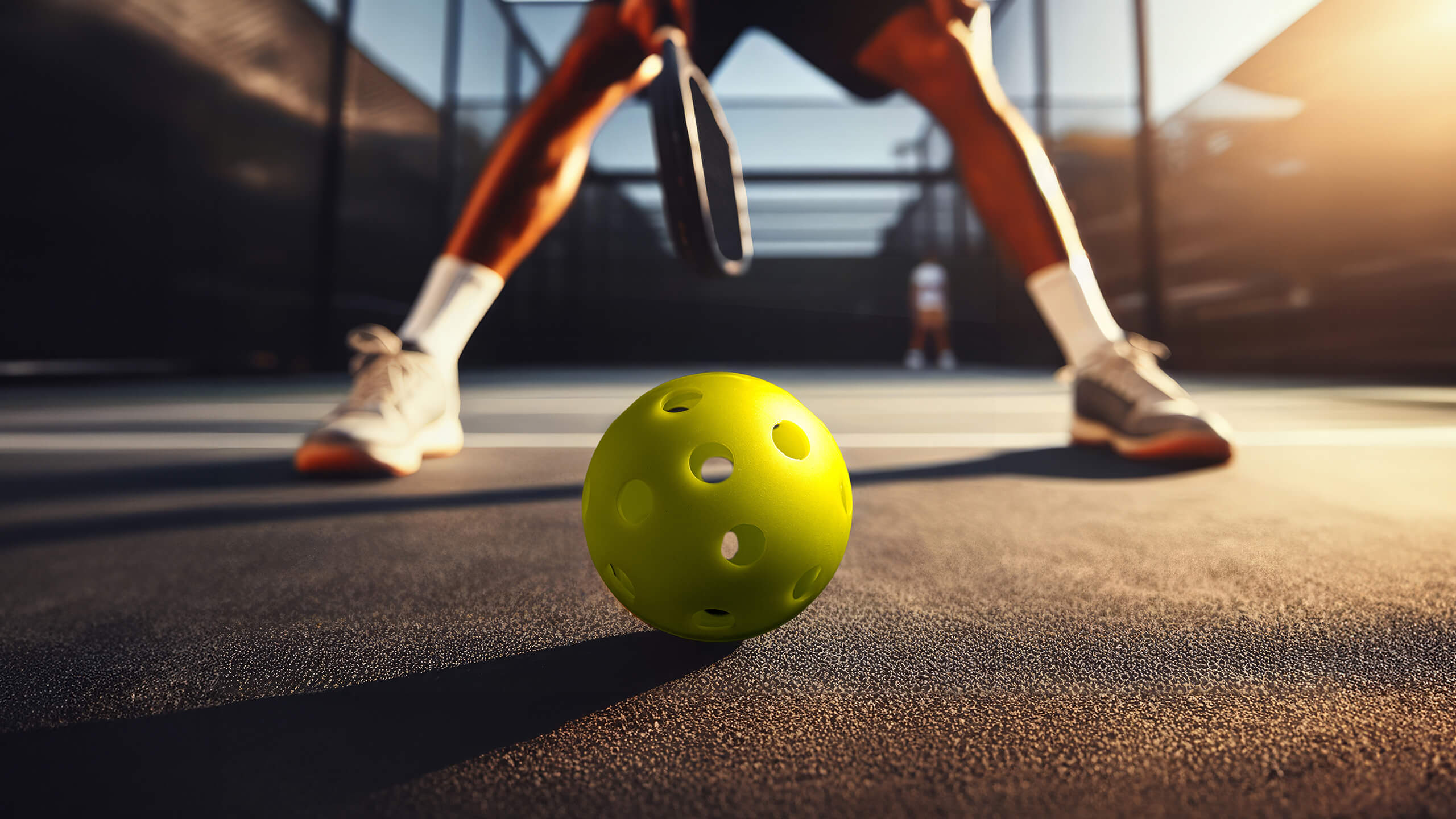 Closeup of a pickleball on the ground with a player in the background